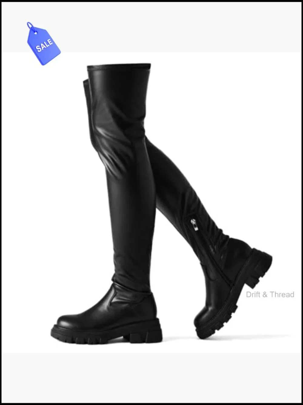Over the Knee Boots Platform Lug Sole Chunky Heels Stretchy Side Zipper